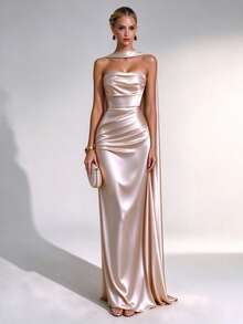 Elegant Women's Champagne Strapless Neckline Ribbon Mermaid Long Party Dress, Draped Design, Suitable For Formal Events, Prom, Party, Holiday Or Special Occasions - Champagne - View 1
