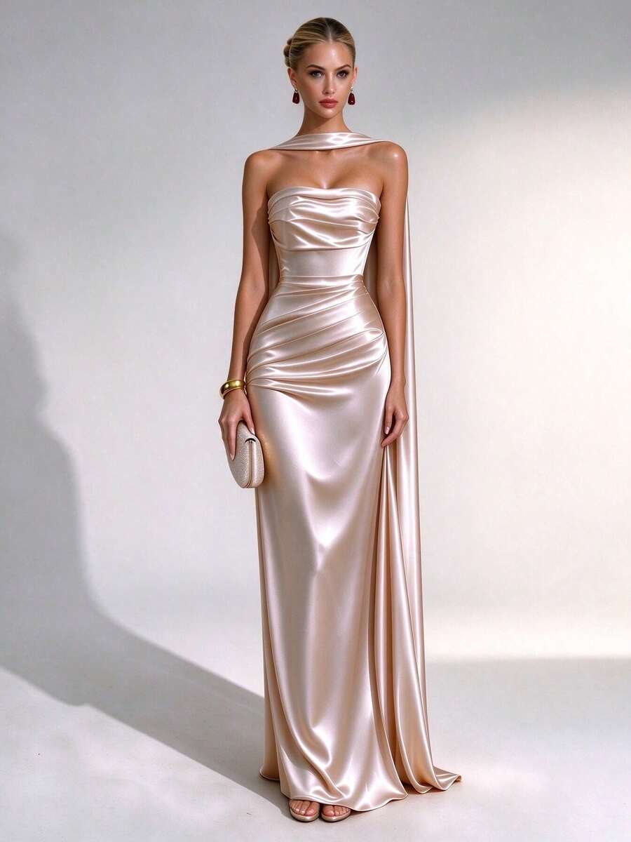 Elegant Women's Champagne Strapless Neckline Ribbon Mermaid Long Party Dress, Draped Design, Suitable For Formal Events, Prom, Party, Holiday Or Special Occasions - Champagne - View 1