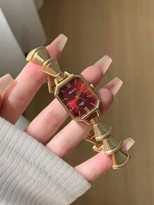 1件時尚金色女款石英手錶，紅色錶盤搭配混色時標，獨特錶帶設計，適合日常佩戴 - 金色 - 查看 2