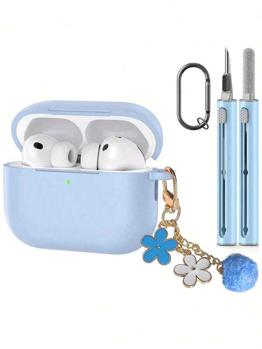 1 Set Silicone Protective Case Compatible With Apple , Solid Color Integrated Earphone Cover With Flower Hanging Chain, Carabiner And Cleaning Brush, Suitable As Gift - Baby Blue - View 1