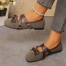 Women's Mary Jane Flats, Square Toe Grey, Cross Strap Bow, Spring/Autumn, Soft & Breathable, Casual Commute Shoes - Grey - View 1