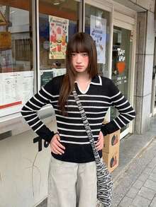 Women's Autumn/Winter Collared Hollow-Out Contrast Color Striped Slim Fit Versatile Sweater Top - Black - View 5