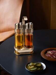 2pcs Glass Oil & Vinegar Dispenser Set, Visible Liquid Level, Portable Storage Rack, Countertop Organizer, Suitable For Olive Oil, Soy Sauce, Salad Dressing, Kitchen, Restaurant, Saudi National Day Dining, Christmas Table Setting, Christmas Gift - View 1