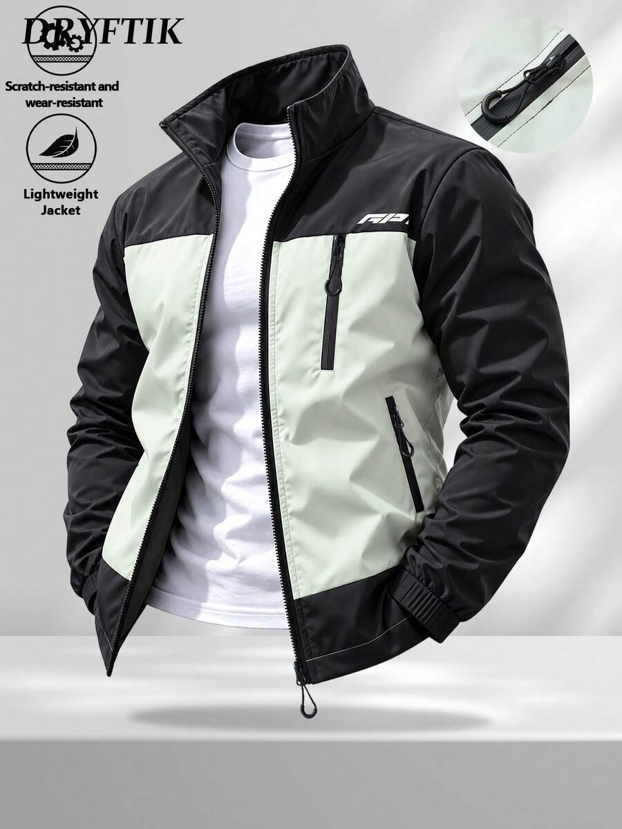 Men's Stand Collar Full Zip Sports Jacket, Functional Style Casual Outerwear, Suitable For Daily Commute, Fitness, Short Trips, Versatile Long Sleeve Outerwear - Black - View 1