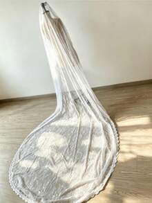 1件蕾絲新娘面紗，復古中長款大教堂式頭飾附長拖尾，適合萬聖節 - 白色 - 查看 4