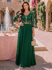 MIUSOL Floral Lace Contrast Sequin V-Neck 3/4 Sleeve Ruched Hem Chiffon Formal Party Maxi Dress, Elegant Women's Attire, Suitable For Graduation Ceremony, Dinner - Dark Green - View 2