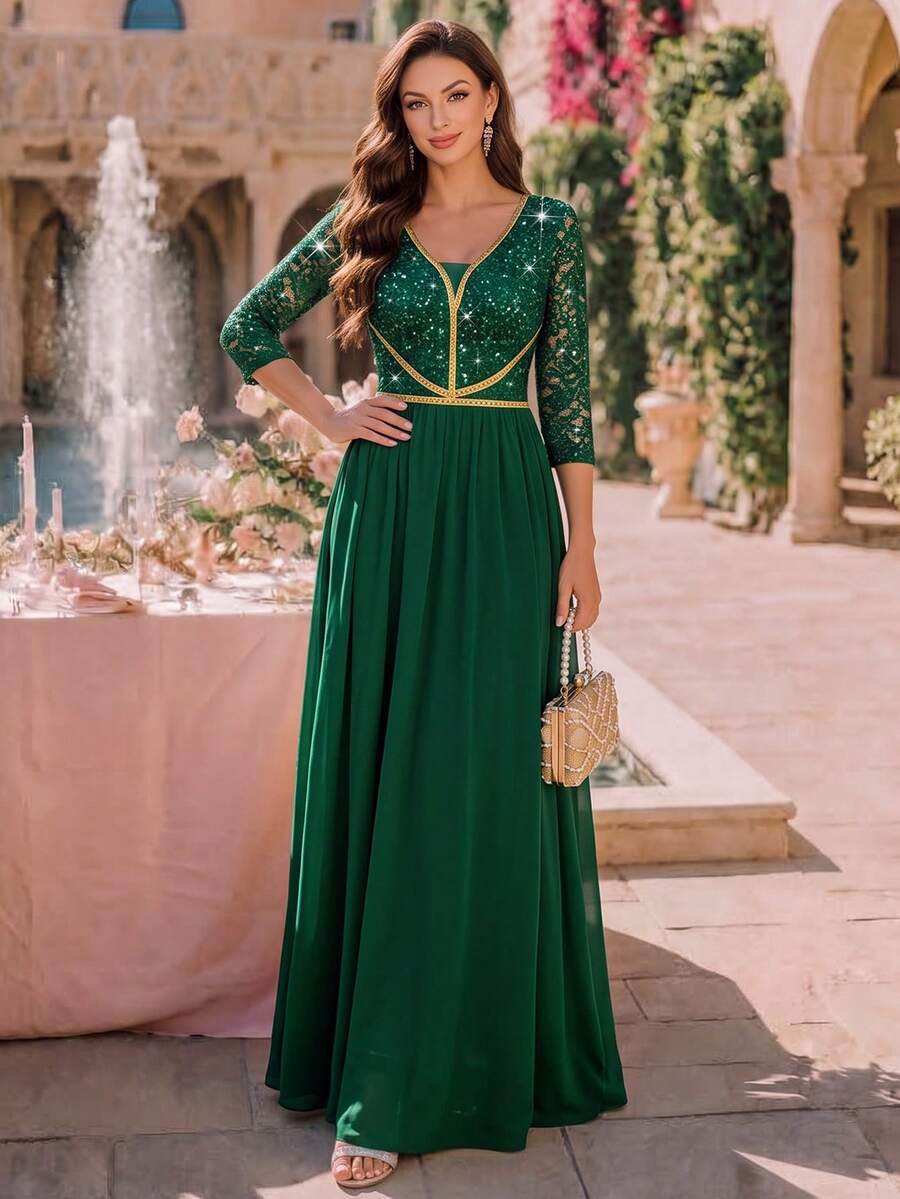 MIUSOL Floral Lace Contrast Sequin V-Neck 3/4 Sleeve Ruched Hem Chiffon Formal Party Maxi Dress, Elegant Women's Attire, Suitable For Graduation Ceremony, Dinner