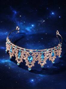 1pc European & American Fashion Exquisite Alloy Bridal Crown, Suitable For Women's Wedding Party Hair Accessory, Queen Princess Party Headpiece - Golden Lake Blue - View 8