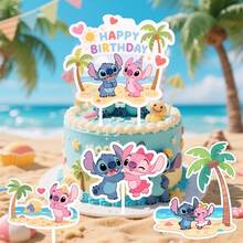 Lilo And Stitch Cake Toppers, Beach Theme Happy Birthday Cake Decorations With Stitch And Angel, Cartoon Cake Picks For Birthday Party Supplies - Multicolor - View 4