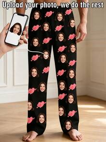 1pc Men's Customized Face Photo Pink Heart Arrow Pattern Pajama Pants, Personalized Men's Home Sleepwear, Gift For Boyfriend - Multicolor - View 1
