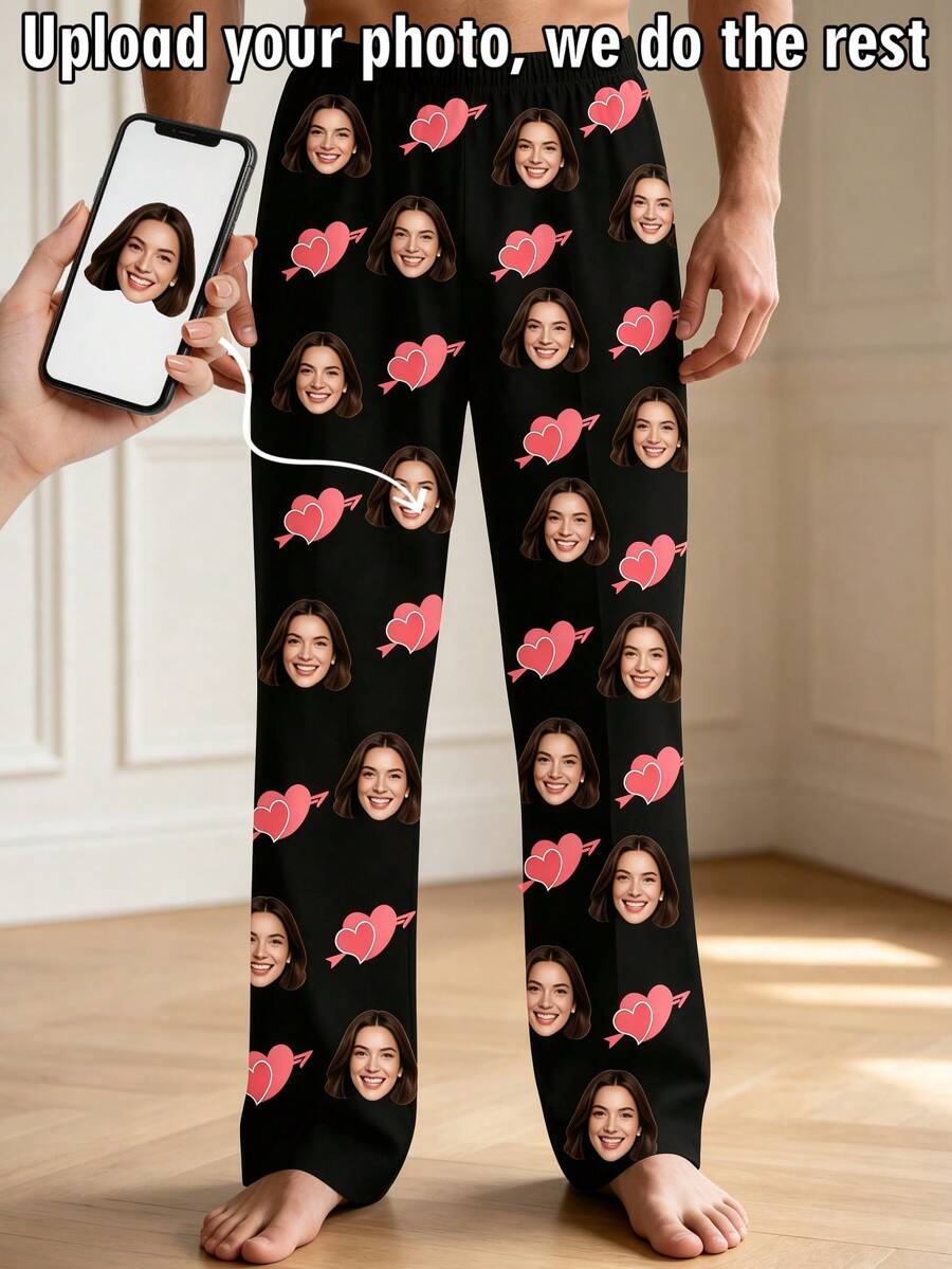1pc Men's Customized Face Photo Pink Heart Arrow Pattern Pajama Pants, Personalized Men's Home Sleepwear, Gift For Boyfriend - Multicolor - View 1