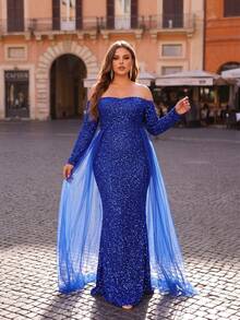 Plus Size Women's Charming Royal Blue Sequin Mesh Patchwork Straight Neck Long Sleeve Holiday Evening Party Gown - Blue - View 1