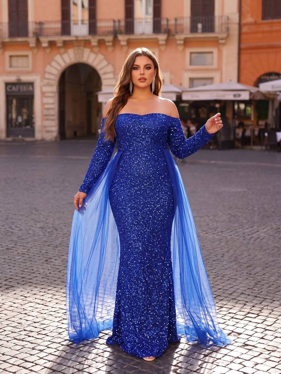 Plus Size Women's Charming Royal Blue Sequin Mesh Patchwork Straight Neck Long Sleeve Holiday Evening Party Gown - Blue - View 1