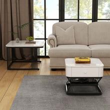 Nesting Coffee Table Set Of 2, Modern Marble Effect Coffee Tables With Storage Drawer, Extendable Side End Table With Metal Frame For Living Room - White - View 5