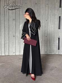 Modest Black Long Sleeve Arabian Abaya With Faux Pearl Cuffs, Fashionable Ladies Outerwear, Robe Spring Fall - Black - View 1