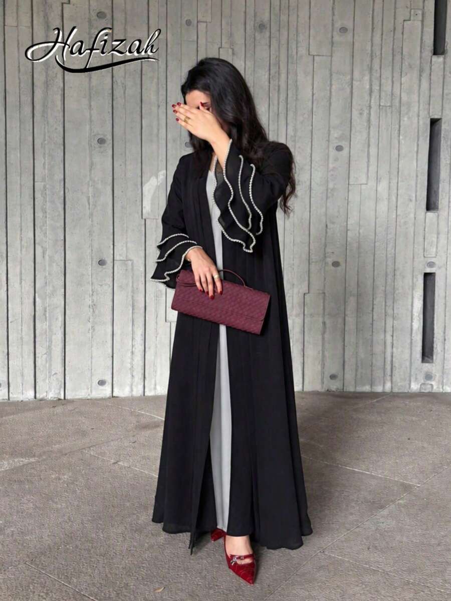 Modest Black Long Sleeve Arabian Abaya With Faux Pearl Cuffs, Fashionable Ladies Outerwear, Robe Spring Fall - Black - View 1