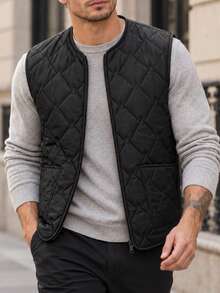 Men's Lightweight Quilted Zip-Up Vest, Round Neck Sleeveless Solid Color With Pockets, Wearable As Outerwear Or Layering Piece, Autumn/Winter - Black - View 3