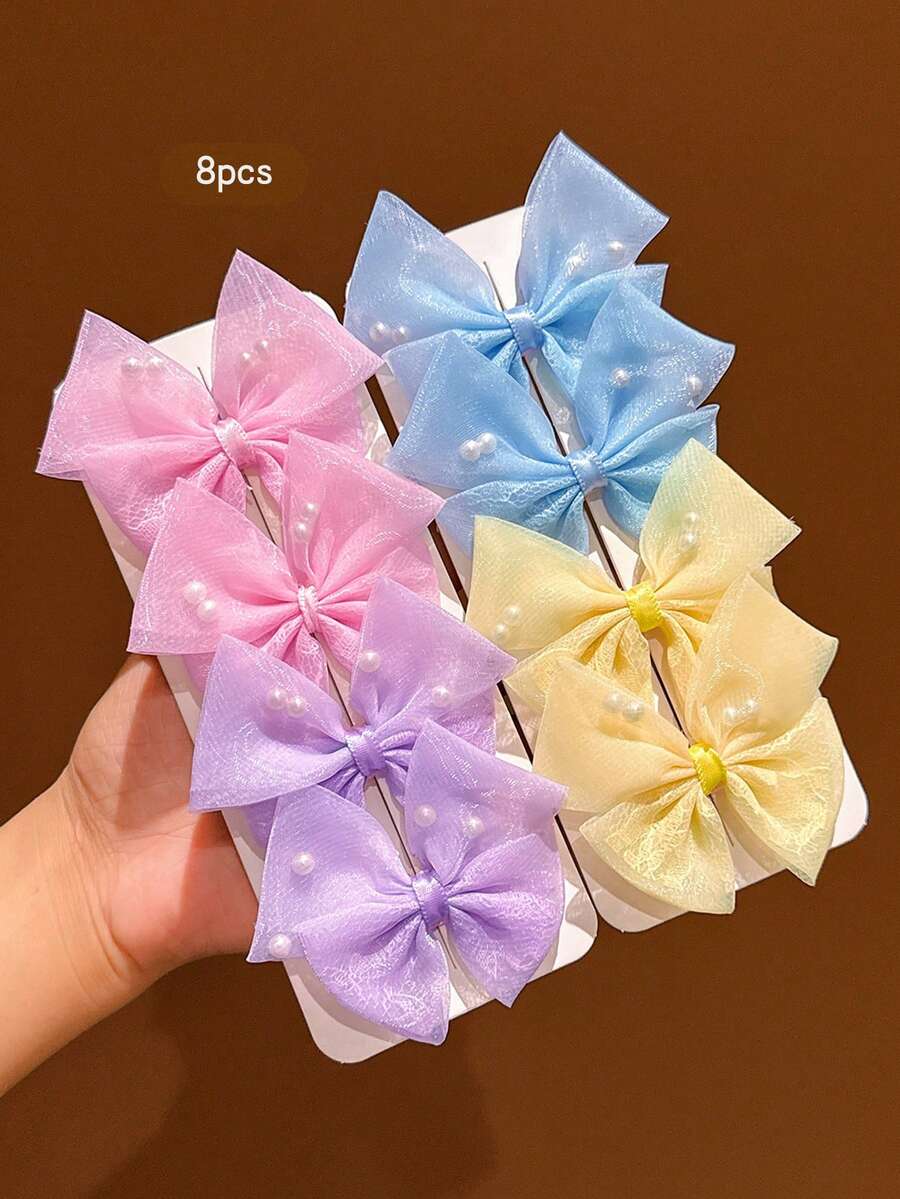 8pcs Sweet Style Colorful Bow Hair Clips, Suitable For Daily Use Hair Accessories