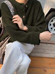 Green Plus Size Round Neck Dropped Shoulder Long Sleeve Front Button Fashion Knit Cardigan, Warm And Comfortable Knitted Knit Jacket For Autumn/Winter - Green - View 5