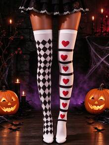 1 Pair Women Halloween Mismatched Thigh High Socks, Gothic Style Over Knee Socks, Costume Accessory For Clown Cosplay & Party Performance - Black and White - View 2