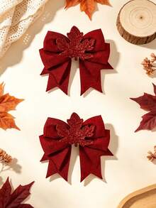 2pcs Women's Maple Leaf Bow Hair Clips, Decorative Hair Accessories, Suitable For Daily Wear, Ideal Holiday Gift - Multicolor - View 6