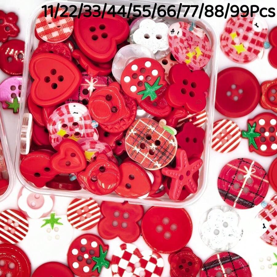 11/22/33/44/55/66/77/88/99Pcs Boxed Red Mixed Color Handmade Button Set, Heart Floral Star Plaid Print Resin Buttons, Multi-Hole Sewing Buttons Suitable For DIY Handmade Scrapbook Decoration Buttons, Clothing Accessories - Multicolor - View 1
