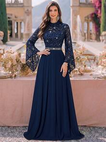 MIUSOL Sequin Floral Lace High Neck Flare Sleeve Ruffle Hem Chiffon Formal Party Maxi Dress Elegant Spring - Navy Blue - View 2