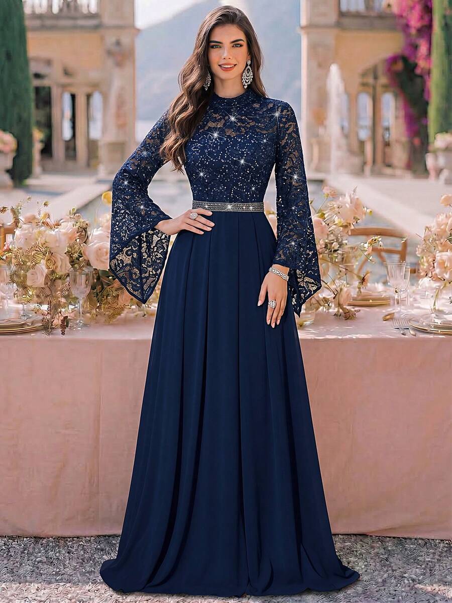 MIUSOL Sequin Floral Lace High Neck Flare Sleeve Ruffle Hem Chiffon Formal Party Maxi Dress Elegant Spring