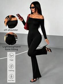 AiTyi Women's Black Cold Shoulder Long Sleeve Jumpsuit, Back Lace-Up Wrap Design, High Elasticity Long Jumpsuit, Suitable For Formal Occasions - Black - View 1