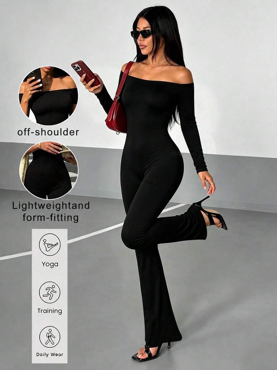 AiTyi Women's Black Cold Shoulder Long Sleeve Jumpsuit, Back Lace-Up Wrap Design, High Elasticity Long Jumpsuit, Suitable For Formal Occasions - Black - View 1