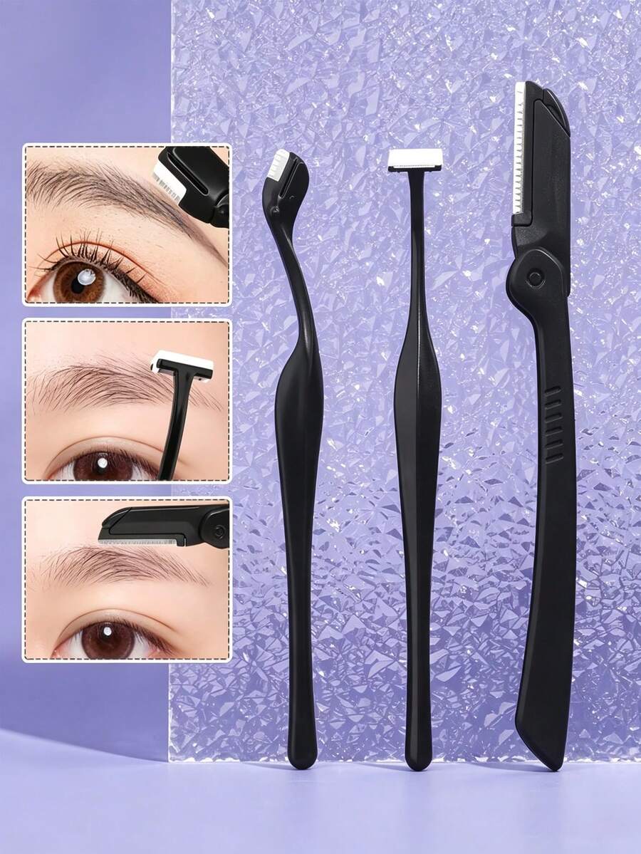 3pcs Eyebrow Trimmer Set, Stainless Steel Blade Precise Eyebrow Shaping, Portable Facial Hair Razor With Protective Cap, Makeup Skincare Tool, Suitable For Beginners