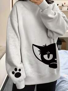 Sweet Cool Style Half-Face Black Cat Pattern Light Gray Sweatshirt, Unique Cat Paw Print Cuffs, Casual Drop Shoulder Round Neck Autumn Top - White-gray - View 5