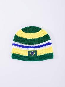1pc Men's Fashion Brazil Flag Striped Handmade Crochet Knit Beanie Hat, Warm Woolen Cap For Autumn/Winter Daily Wear And Outfits - A - View 4
