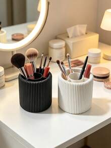 3D Printed Vertical Striped Divided Makeup Brush Holder, 3D Round Decorative Ornament, Multiple Colors Available, Large Capacity Vanity Storage Bucket, Can Hold Eyebrow Pencils And Makeup Brushes, High-Value Desktop Beauty Storage Decor - Multicolor - View 5