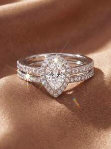 2pcs/Set Single Pear-Shaped Diamond Ring, Shiny Luxury Women's Promise Ring, Suitable For Wedding, Party And Other Occasions - Silver - View 6