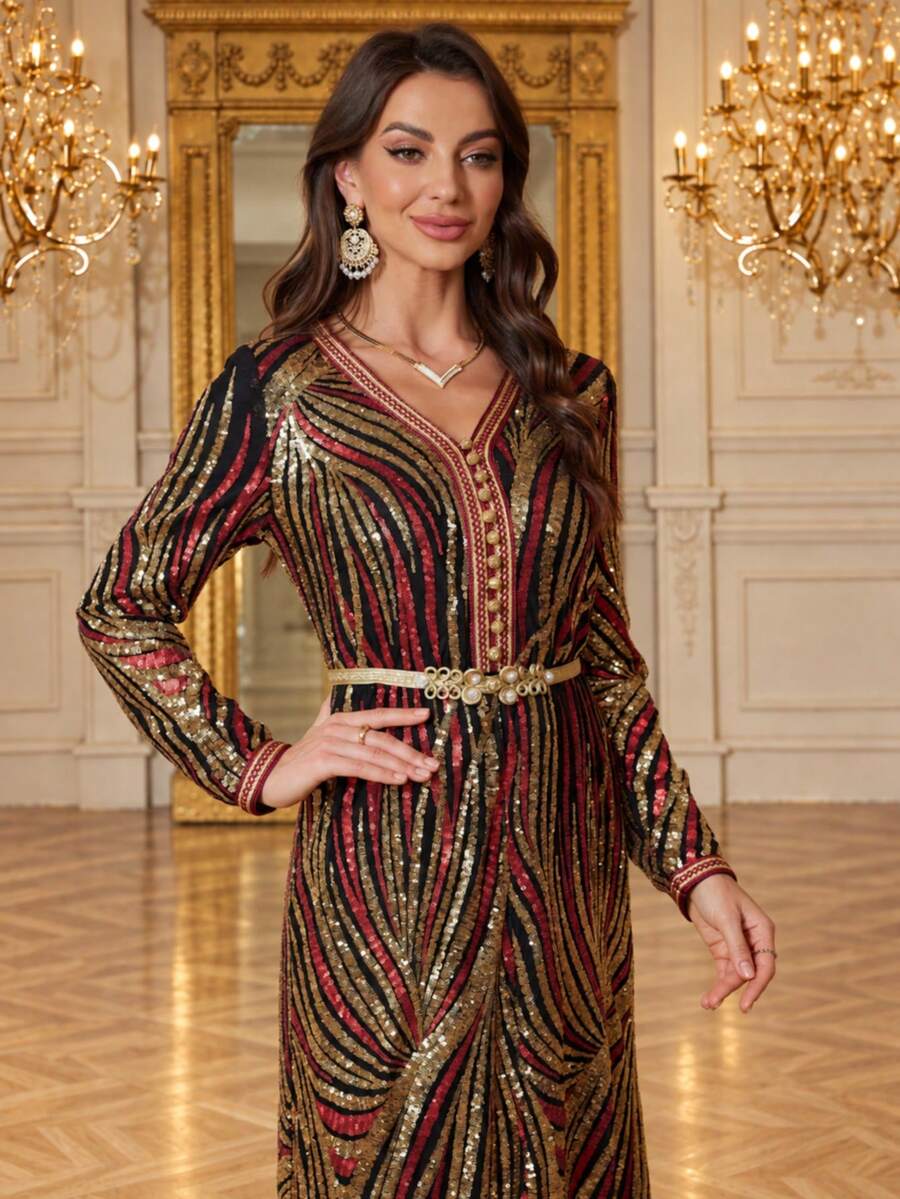 Women's V-Neck Long Sleeve Sequin Zebra Print Elegant Party Dress With Detachable Belt