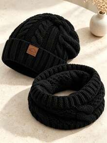 2pcs Set Cable Knit Hat & Scarf, Autumn/Winter Warm Leather Label Pullover Beanie & Thick Cold-Proof Knit Scarf Set - Multicolor - View 9