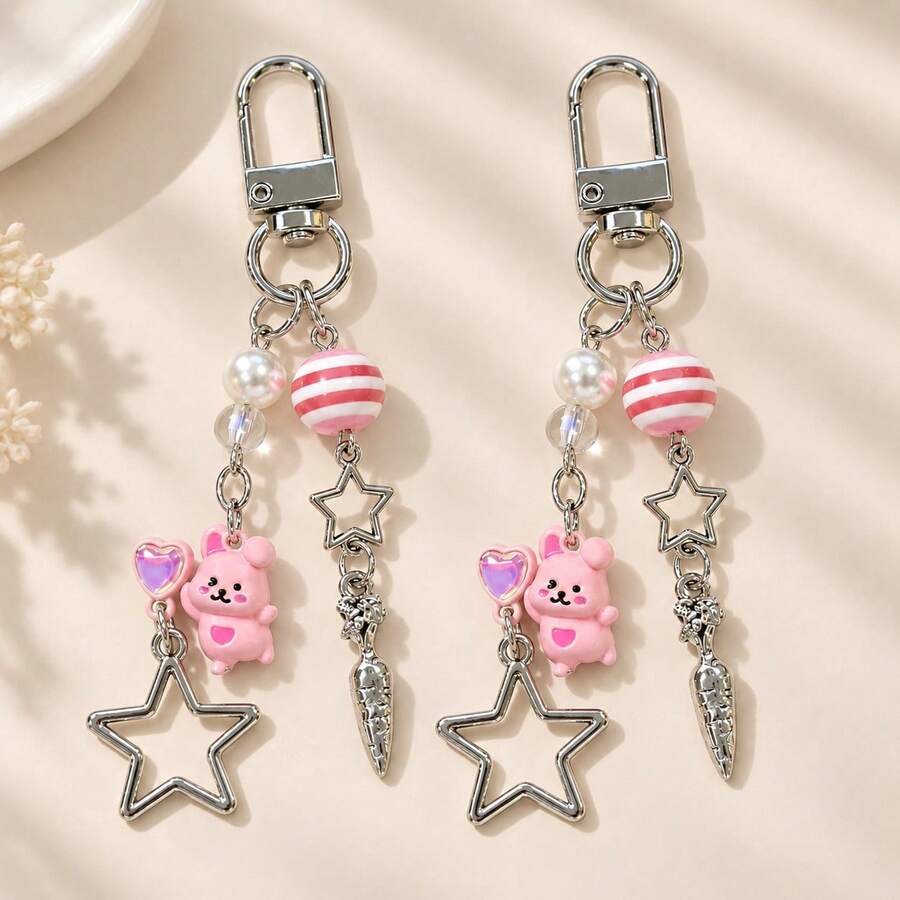 1pc/2pcs Women's Alloy Heart Rabbit Spacer Bead Pendant Keychain, Hollow Carrot & Five-Point Star Charm, Creative Bag Pendant - Multicolor - View 1