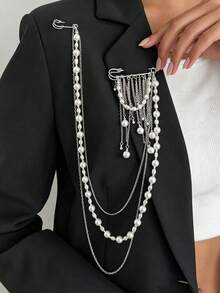 1pc Casual Fashion Elegant Suit Accessory Pearl Chain Tassel Brooch/Lapel Pin, Suitable For Women's Daily Outfit Matching, Bag Accessory Jewelry - Multicolor - View 9