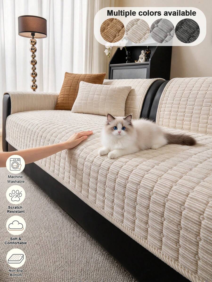 1PC Grid Quilted Plush Sofa Protector Cover, Neutral Tone Home Decor For Living Room, Pet Friendly For Cats & Dogs, Non-Slip Bottom, Scratch-Resistant, Machine Washable For 1/2/3/4 Seater Sofa - Beige - View 1