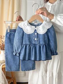 2pcs/Set Baby Girl Outfit, Ruffled Oversized Collar Long Sleeve Top + Elastic Waist Wide Leg Pants, Washed Texture Fabric, Puff Cuffed Sleeves, Sweet Princess Style, Spring/Autumn Baby Casual Outing School Party Set - Light Wash - View 1