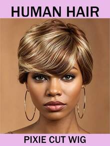 Women's Straight Pixie Short Hair Wig, Human Hair Highlighted Bob, Glueless No Lace Front Replacement Wig With Bangs, Full Machine Woven, Layered Short Hair For Daily Wear #4/27 - S4/27 - View 1