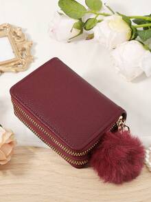 Fashion With A Pom Pom Charm, Women's Simple Wallet, Double Zipper Portable Short Bag, Large Capacity Multi Functional Card Bag Wallet - Burgundy - View 7
