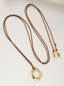 1pc Bohemian Style Brown Rope Exaggerated Asymmetrical Geometric Gold Hollow Large Metal Pendant Adjustable Necklace Lightweight Niche Long Necklace For Women - Gold - View 3