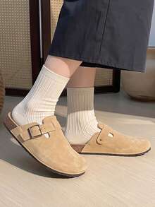 Women's Vintage Suede Adjustable Buckle Closed-Toe Half-Slip-On Casual Versatile Slouchy Mule Slippers - Khaki - View 3