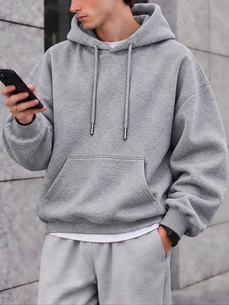 男士休閒純色抽繩運動衫,薄款,大尺碼 1XL-6XL,長袖 - 灰色 - 查看 1