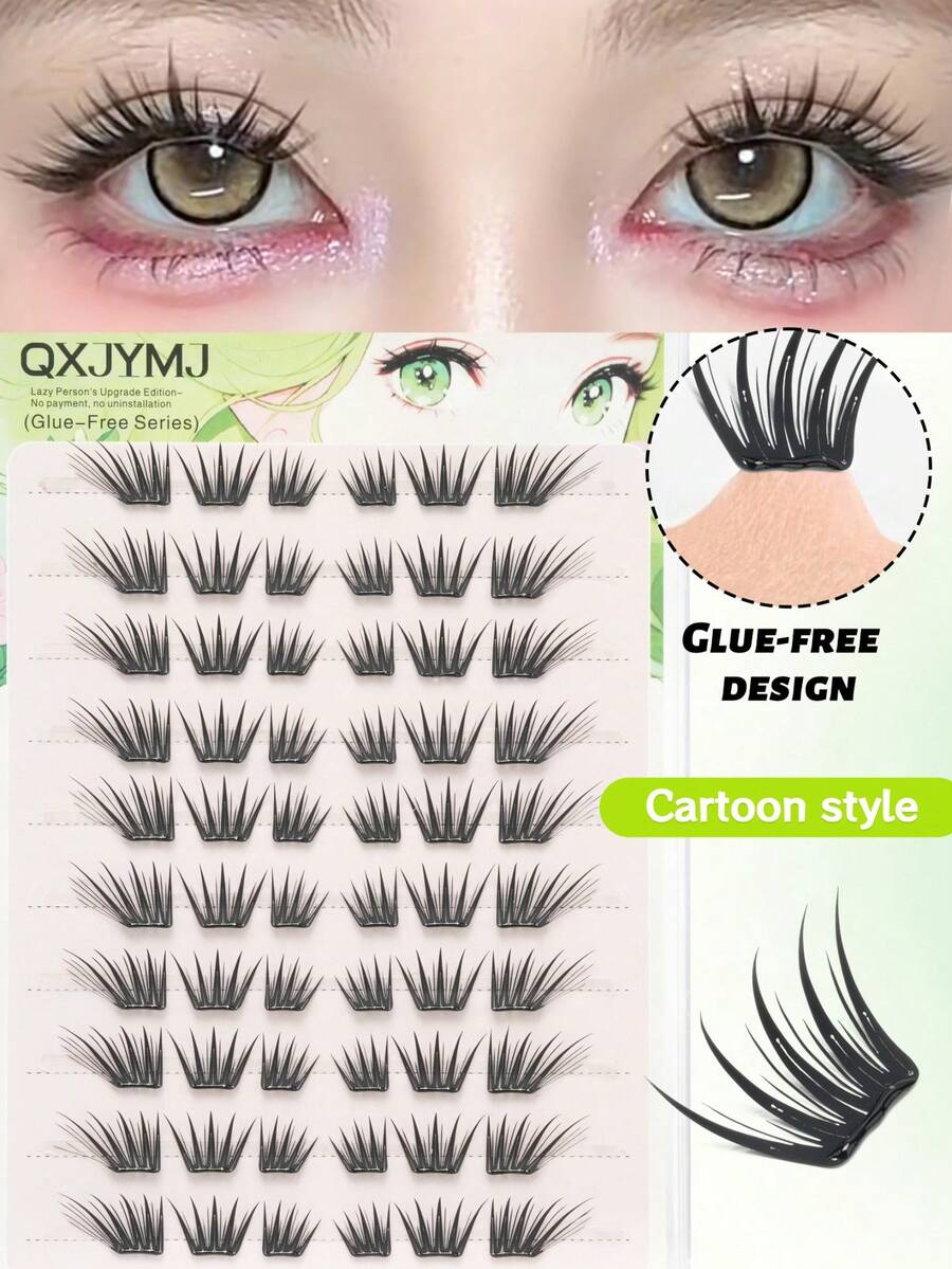 60pcs Glue-Free False Eyelashes, Korean Style, C/D Curl, No Glue Needed, Easy DIY, Beginner Friendly, Reusable, Transparent Stem With Invisible Thin Band, Suitable For Daily Commute, Dating And Various Occasions - C/D MIX - View 1