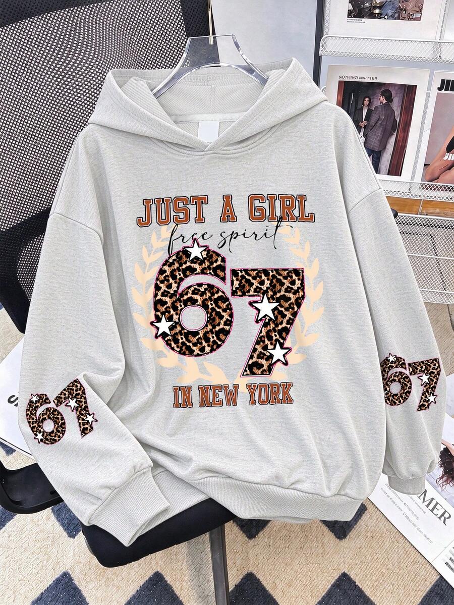 Tween Girls Vintage Leopard Print Number & Letter Graphic Sweatshirt, 67 Star Sleeve Print Loose Casual Pullover Sweatshirt - Light Grey - View 1