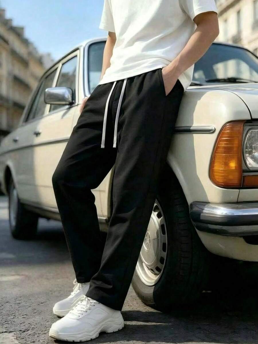 Men's Black Sweatpants, Minimalist Fashion Casual, American Sports Outdoor Jogging
