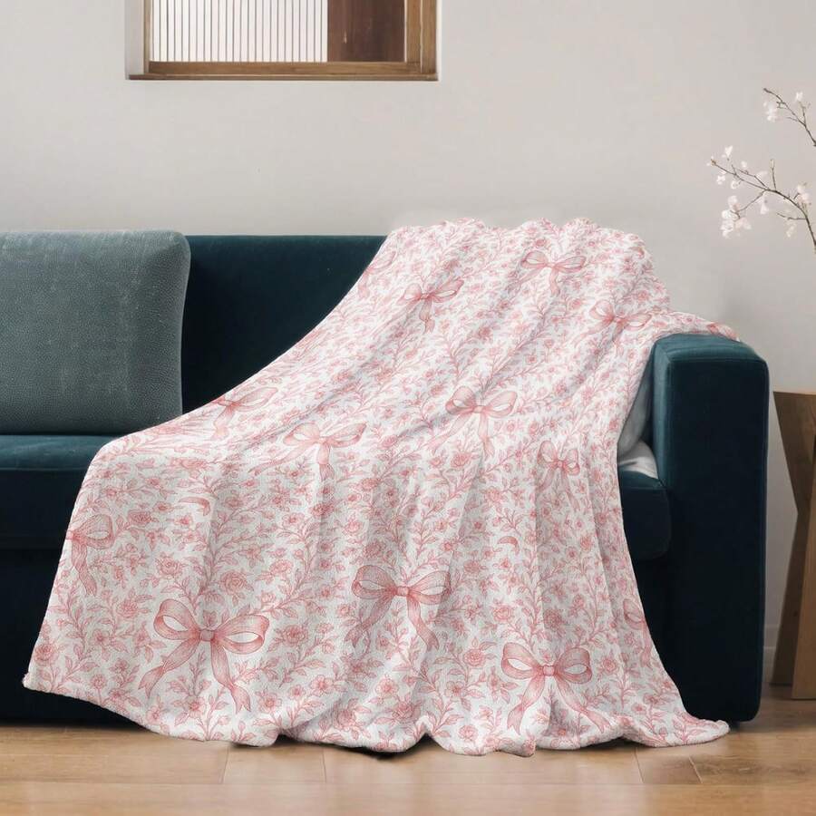 1PC-Pink Bow Vintage Floral Blanket-Modern Style-All Season Comfortable Soft Polyester Knitted Fabric, Multi-Purpose, Suitable For Sofa, Bed, Travel, Camping, Chair, Holiday Gift Blanket - Pink - View 1